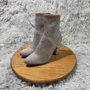 Wild Pair High Heel Sparkly Boots Booties Baybe Womn Sz 7M Tan & Nude Bling Sock